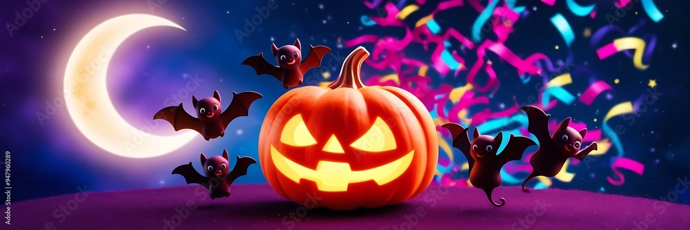 Fototapeta premium Halloween night scene background with castle with halloween pumpkin within flames