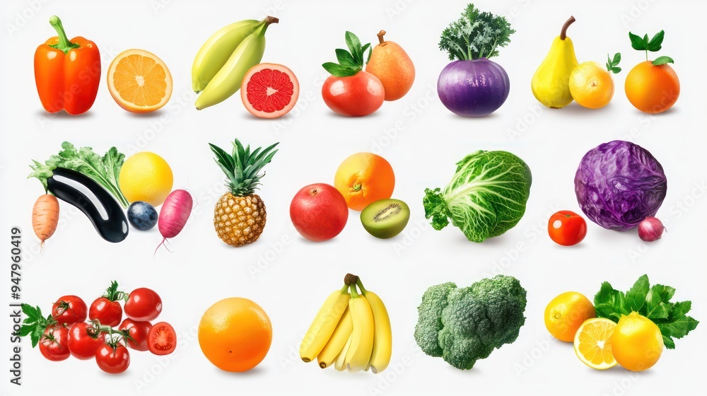 Assortment of Fresh Fruits and Vegetables on White Background Assortment of Fresh Fruits and Vegetables on White Background