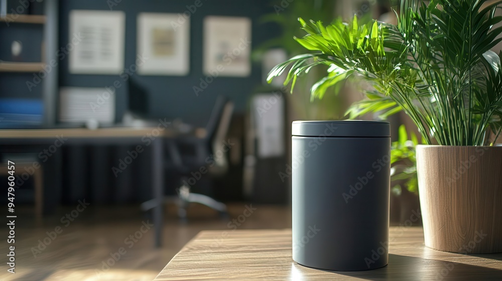 Wastebasket with lid in an office, keeping the workspace tidy Wastebasket with lid in an office, keeping the workspace tidy