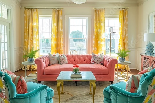 a colorful and airy living room with pink and green sofas and larger windows with white curtains photo