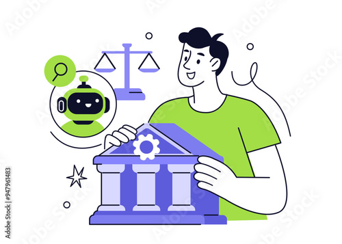 Lawyer character use ai assistant to provide legal advice. Artificial intelligence technology in law and justice concept. Vector illustration.