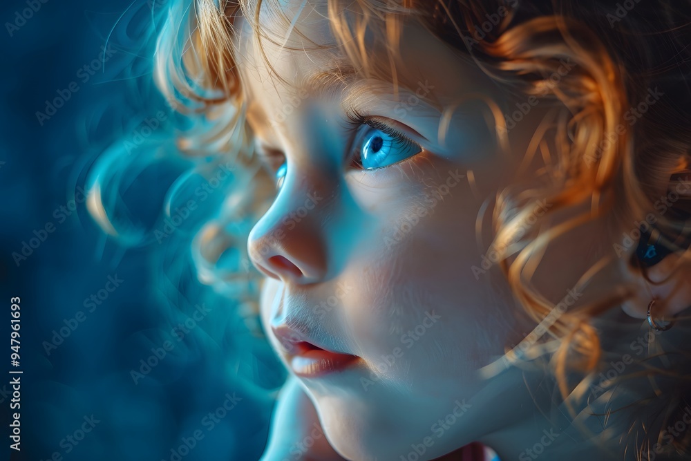 Fototapeta premium Captivating Portrait of a Child with Enchanting Blue Eyes and Curly Hair