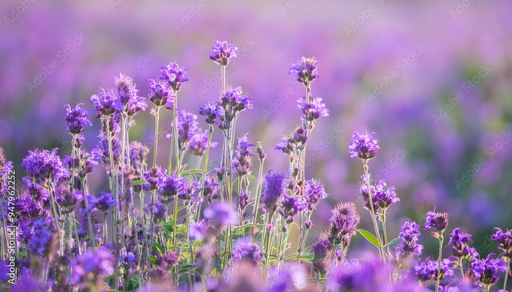 Close Up of Purple Flowers in a Field and Copy Space Close Up of Purple Flowers in a Field and Copy Space