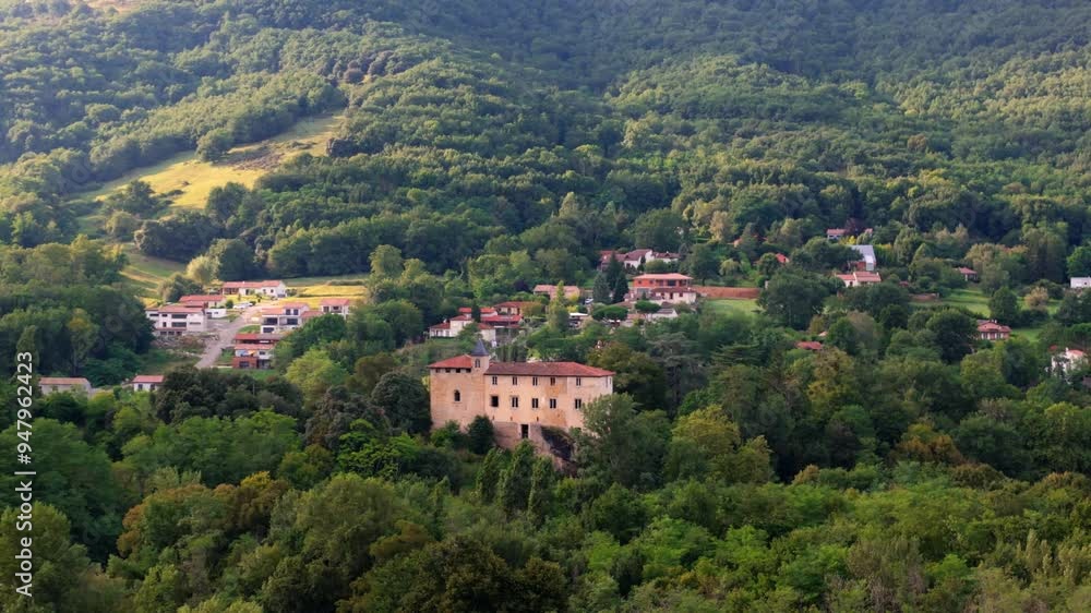 Drone flys over the French countryside focused on a beautiful chateau Drone flys over the French countryside focused on a beautiful chateau