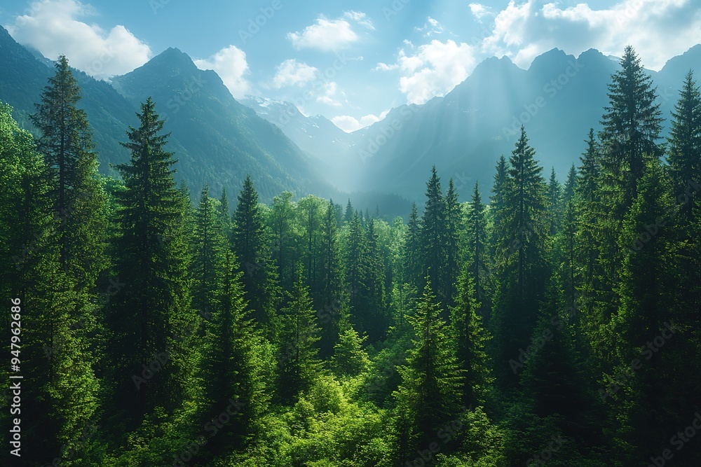Fototapeta premium A lush green forest with a mountain range in the background