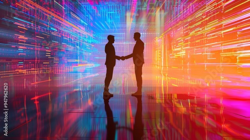 Data Analytics Partnership Silhouetted Figures Shake Hands Against Vibrant Data Visualization Background
