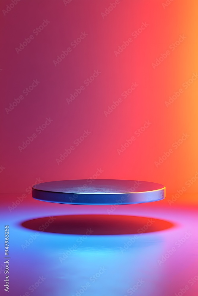 A floating round podium with a metallic surface, suspended in mid-air with a soft shadow cast below, against a gradient background. A floating round podium with a metallic surface, suspended in mid-air with a soft shadow cast below, against a gradient background.