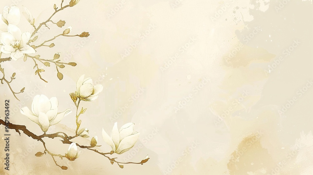 Elegant Chinese Painting Style Wallpaper: Light Beige and Gold with White Magnolia Flowers for a Simple, High-Definition Touch of Sophistication Elegant Chinese Painting Style Wallpaper: Light Beige and Gold with White Magnolia Flowers for a Simple, High-Definition Touch of Sophistication