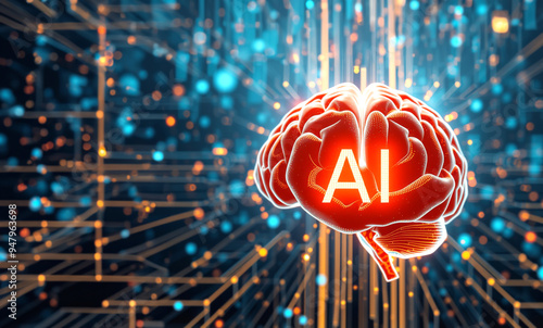 Glowing Red Brain with AI Text on a Digital Circuit Background