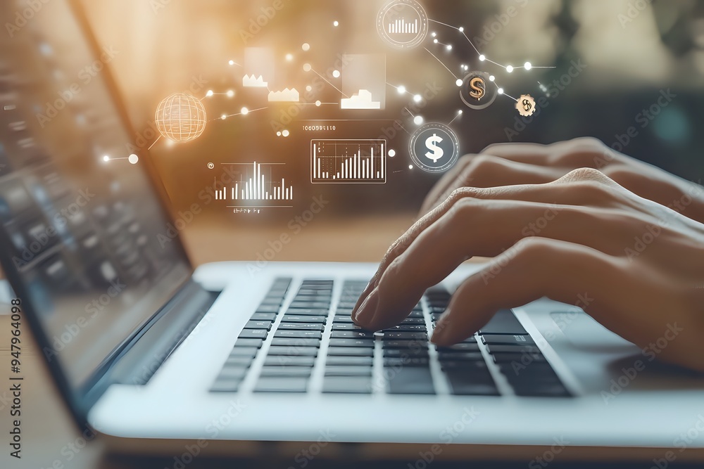 Hands Typing on Laptop Keyboard with Digital Financial Data Visualization Hands Typing on Laptop Keyboard with Digital Financial Data Visualization