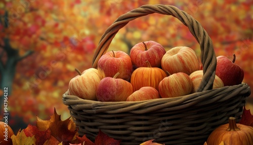 Basket of Apples and Pumpkins in an Autumn Field with Warm Sunlight
