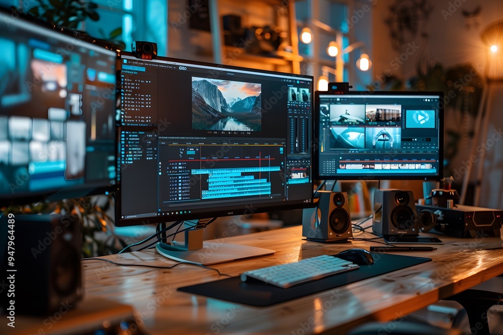 Modern Video Editing Setup with Dual Monitors and Creative Workspace Modern Video Editing Setup with Dual Monitors and Creative Workspace