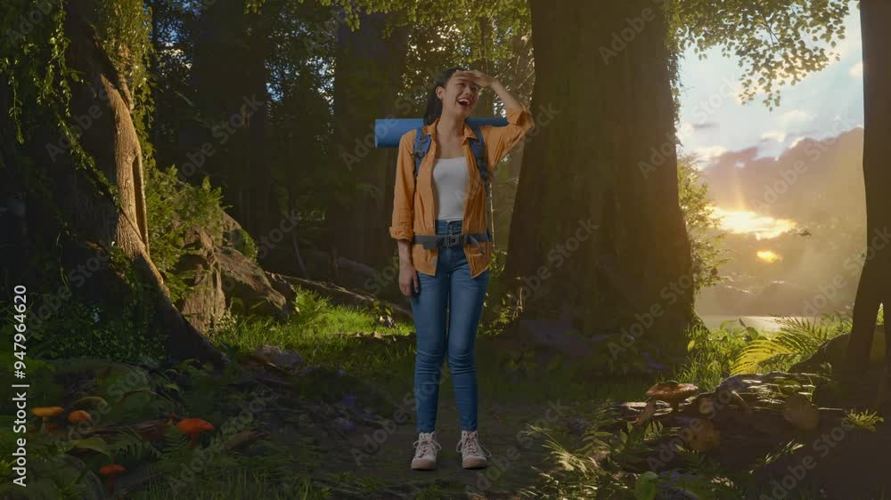 Full Body Of Asian Female Hiker With Mountaineering Backpack Hand Forehead Smiling And Looking Distance While Exploring Forest Nature Full Body Of Asian Female Hiker With Mountaineering Backpack Hand Forehead Smiling And Looking Distance While Exploring Forest Nature