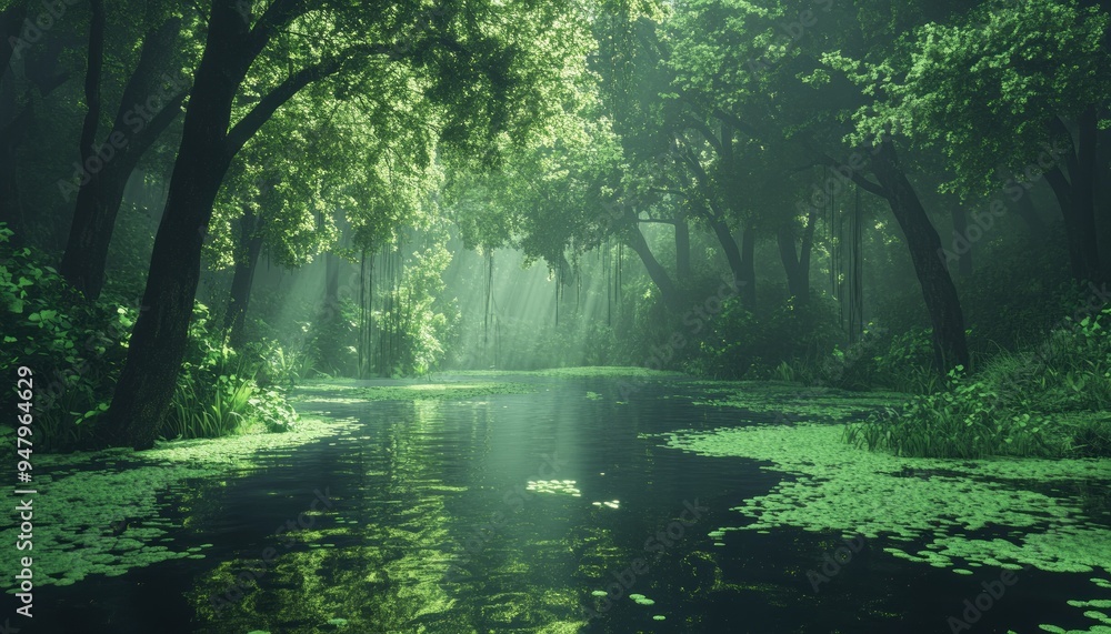 Fototapeta premium Mysterious Forest with Sunlight Filtering Through Trees