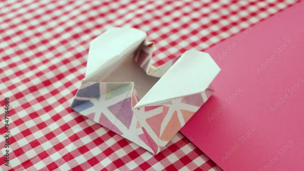 A close-up of an origami heart box made with patterned paper on a red checkered surface A close-up of an origami heart box made with patterned paper on a red checkered surface