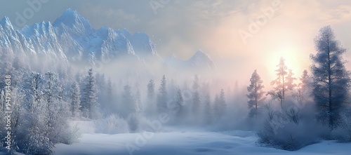 Snowy Mountain Landscape with Mist and Foggy Forest at Sunrise