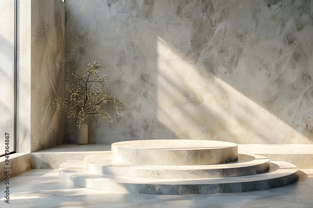 Serene Minimalist Interior with Circular Stone Platform and Natural Light Serene Minimalist Interior with Circular Stone Platform and Natural Light