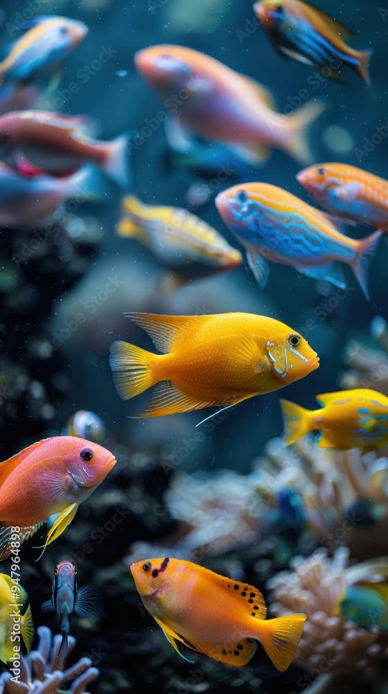 Naklejka premium a close-up of a fish tank with vibrant fish swimming, highlighting aquatic life and home aquarium care.