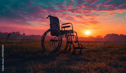 Photo of a Wheelchair in an Open Field with the Sun Setting in the Background, Evoking a Sense of Freedom and Solitude, Ideal for Representing Themes of Accessibility, Independence, and Personal Refle