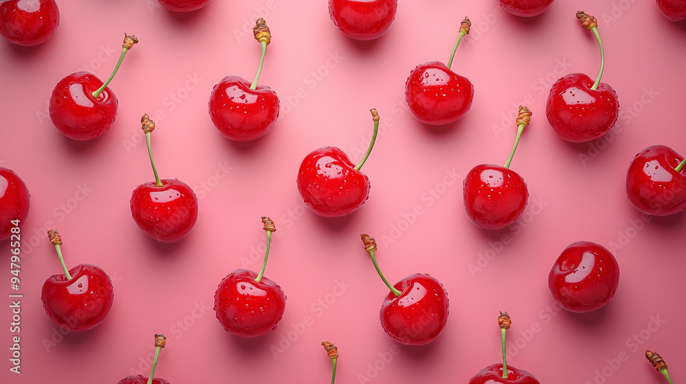 Red cherries on a pink background. Generative AI Red cherries on a pink background. Generative AI