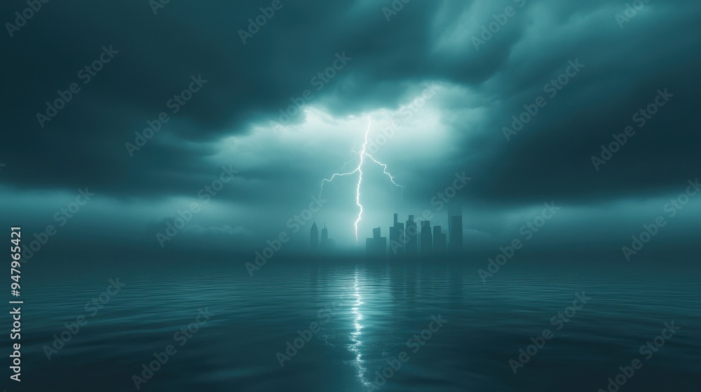 A city is reflected in the water, with a lightning bolt in the sky A city is reflected in the water, with a lightning bolt in the sky