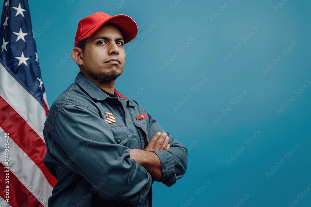 Male Contractor Wearing Blank Yellow Hardhat Over Waving American Flag Background Banner. concept of labor day, Memorial day, 4th july, USA day Male Contractor Wearing Blank Yellow Hardhat Over Waving American Flag Background Banner. concept of labor day, Memorial day, 4th july, USA day