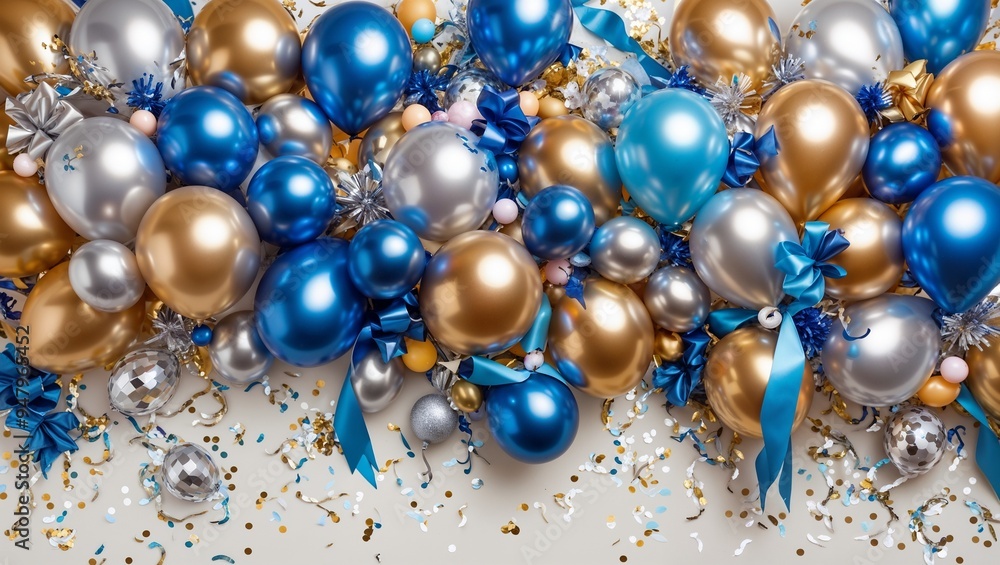 Holiday background with golden and blue metallic balloons, confetti and ribbons. Festive card for birthday party, anniversary, new year or other events.Christmas, jewelry, beads, decoration, necklace, Holiday background with golden and blue metallic balloons, confetti and ribbons. Festive card for birthday party, anniversary, new year or other events.Christmas, jewelry, beads, decoration, necklace,