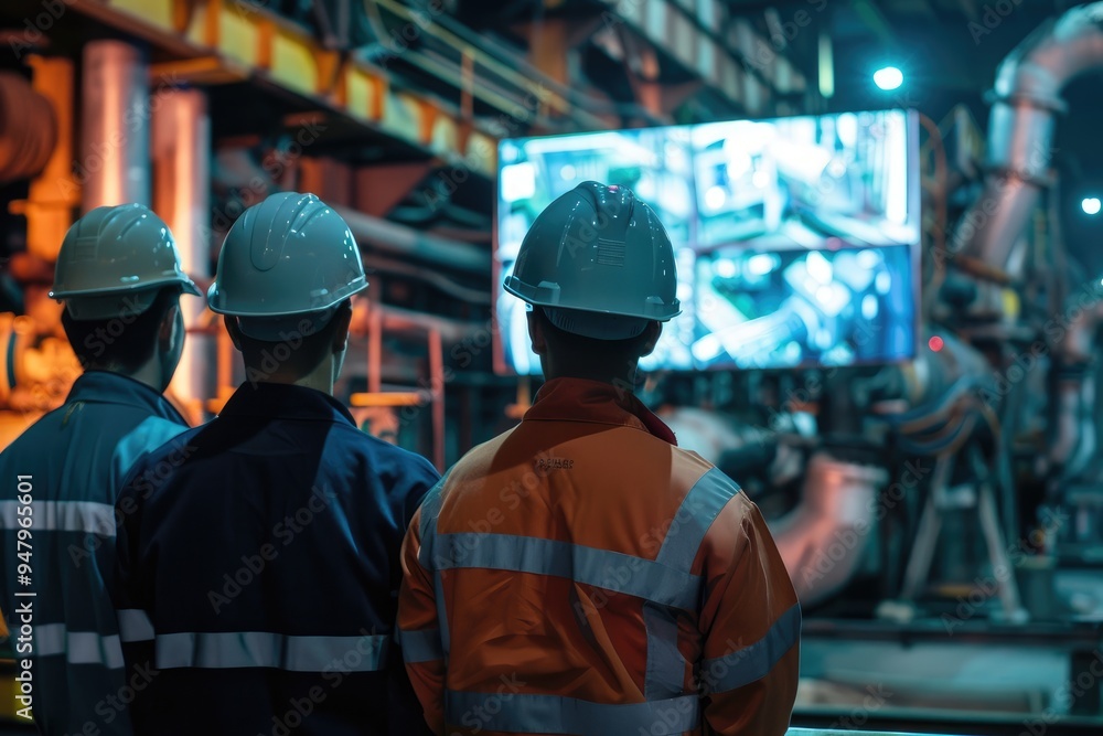 Close up of a group of workers in a steel plant watching a screen with a live video. The workers wear uniforms and white helmets, shown from their back view, with a steel mill background Close up of a group of workers in a steel plant watching a screen with a live video. The workers wear uniforms and white helmets, shown from their back view, with a steel mill background