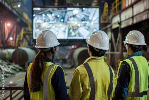 Close up of a group of workers in a steel plant watching a screen with a live video. The workers wear uniforms and white helmets, shown from their back view, with a steel mill background