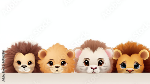 Cute Cartoon Animals Peeking Over White Background