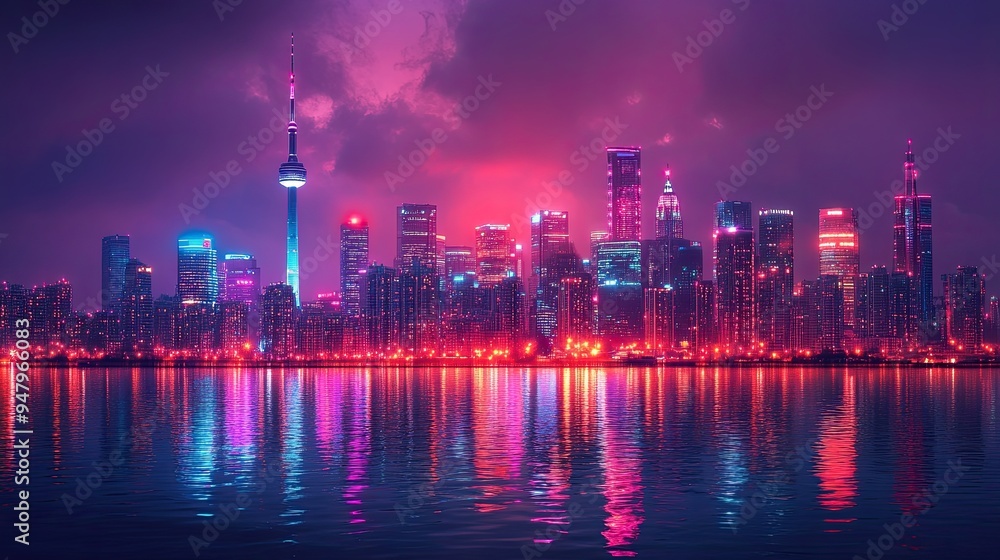 36. A glowing neon cityscape seen from a distance, with pastel lights dotting the skyline and reflecting in the water below 36. A glowing neon cityscape seen from a distance, with pastel lights dotting the skyline and reflecting in the water below