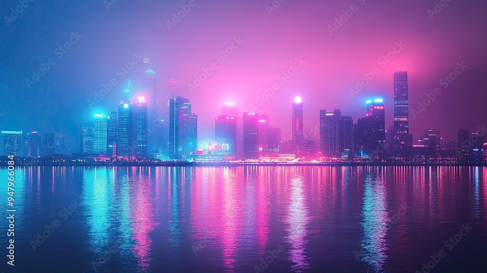 36. A glowing neon cityscape seen from a distance, with pastel lights dotting the skyline and reflecting in the water below 36. A glowing neon cityscape seen from a distance, with pastel lights dotting the skyline and reflecting in the water below