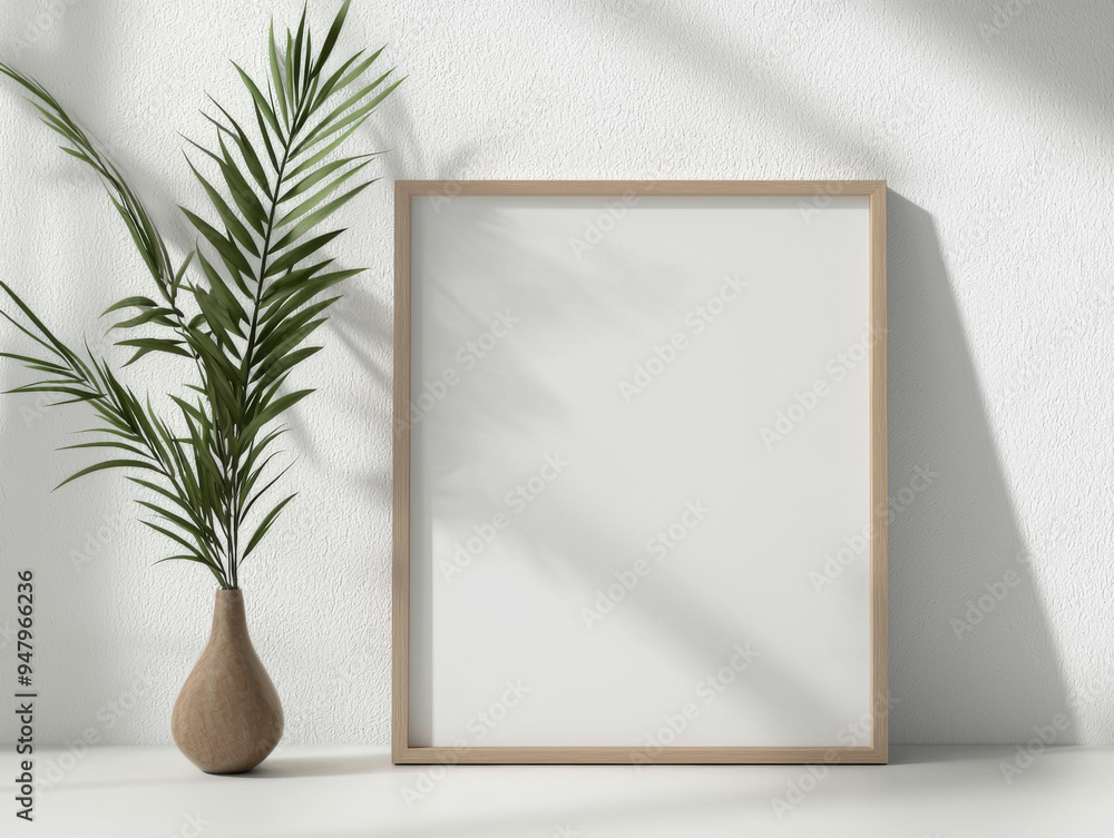 A white framed picture sits on a table next to a vase A white framed picture sits on a table next to a vase