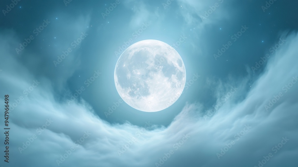 Fototapeta premium A large, bright moon is shining through the clouds on a clear night