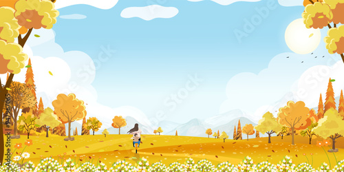 Autumn Background,Natural landscape with sky,cloud over orange folliage forest trees,mountain for Fall season banner,Vector cute cartoon in countryside scenery mother and son riding bicycle