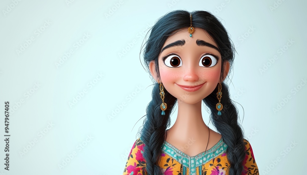 Smiling Indian Cartoon Character with Traditional Jewelry Colorful Clothes Smiling Indian Cartoon Character with Traditional Jewelry Colorful Clothes