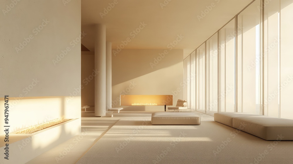 A narrow living room with a modern, minimalist design, featuring a sleek fireplace, simple furniture, and soft, natural lighting. A narrow living room with a modern, minimalist design, featuring a sleek fireplace, simple furniture, and soft, natural lighting.