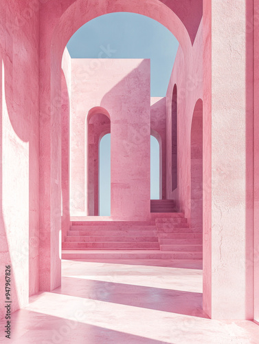 A pink building with arched windows and pink steps photo