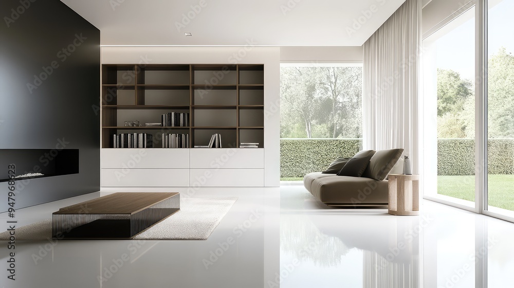 Fototapeta premium A modern, minimalist living area with sleek, built-in storage solutions and a neutral color palette.