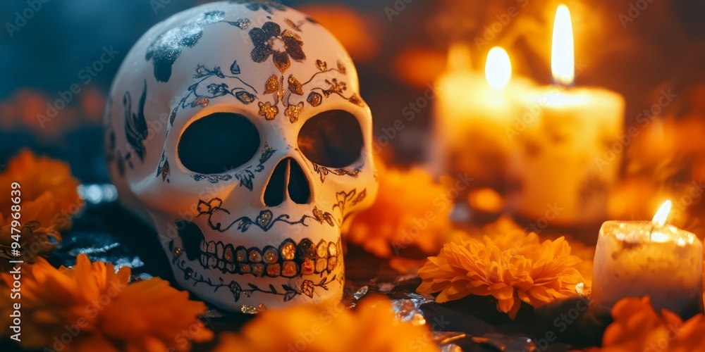Colorful background with flowers and a sugar skull Colorful background with flowers and a sugar skull
