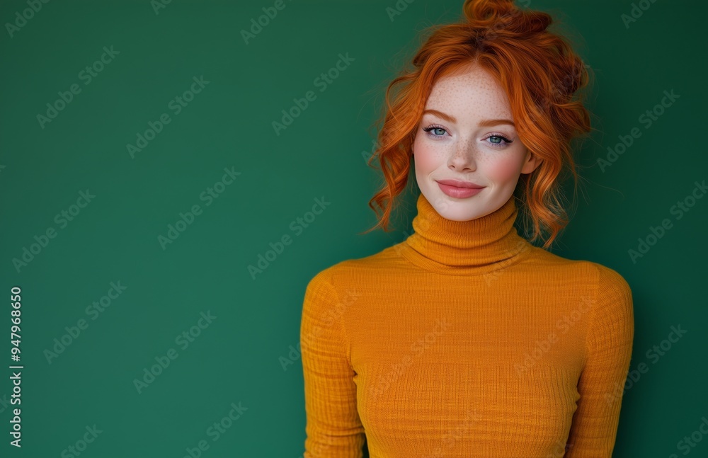 Beautiful redhaired woman in vibrant turtleneck and skirt, smiling while looking away, green background Beautiful redhaired woman in vibrant turtleneck and skirt, smiling while looking away, green background