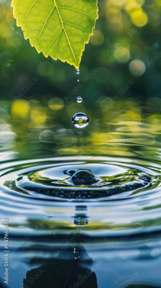a single water droplet falling from a leaf and creating ripples in a pond, showcasing natural processes and fluid dynamics. a single water droplet falling from a leaf and creating ripples in a pond, showcasing natural processes and fluid dynamics.