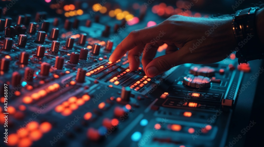An extreme closeup of a persons hand operating a mixer device An extreme closeup of a persons hand operating a mixer device