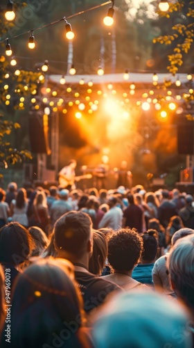 people gathered at a fair's main stage, enjoying live music or a performance, highlighting community events.