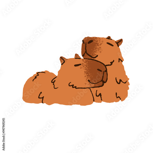 Cute family of capibara cuddles with faces. Adorable couple of capybara embraces. Muzzles of amusing rodents. Animals love together. Flat isolated hand drawn vector illustration on white background