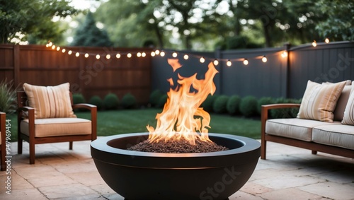 An outdoor fire pit illuminated by firelight, surrounded by string lights, creating a warm and inviting backyard ambiance.