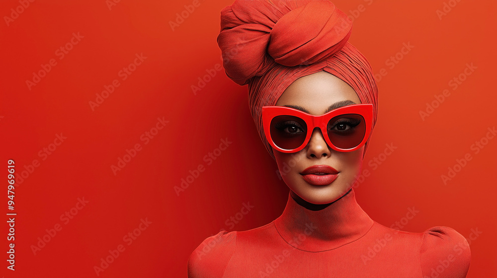 Stylish woman wearing red headwrap, red sunglasses, and red outfit against a red background. Stylish woman wearing red headwrap, red sunglasses, and red outfit against a red background.
