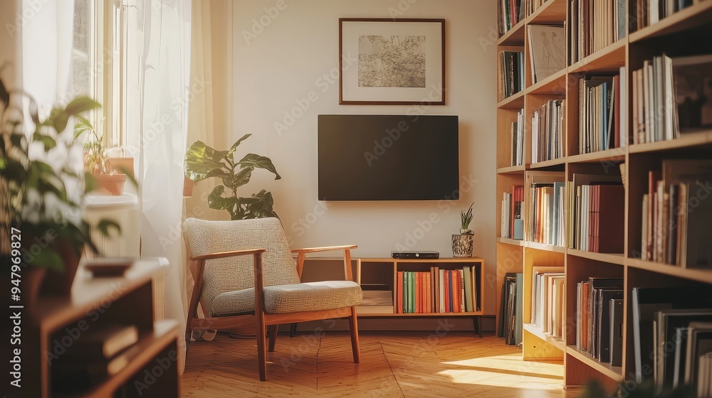 A cozy, minimalist living room with a narrow layout, featuring a single armchair, a small bookshelf, and a wall-mounted TV. A cozy, minimalist living room with a narrow layout, featuring a single armchair, a small bookshelf, and a wall-mounted TV.