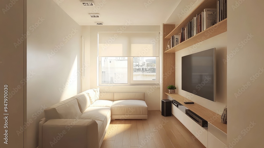 Fototapeta premium A compact living room with a minimalist design, featuring a narrow layout, a small sectional sofa, and a wall-mounted media unit.