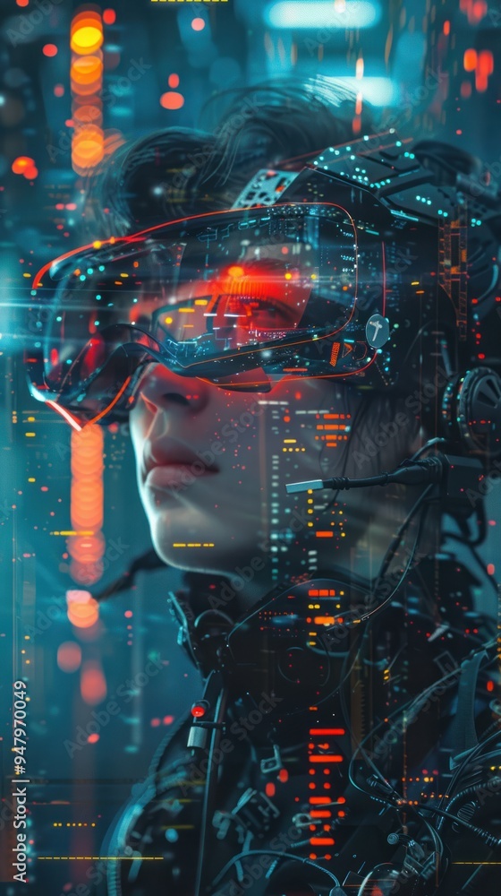 Futuristic cyborg wearing augmented reality goggles. Futuristic cyborg wearing augmented reality goggles.